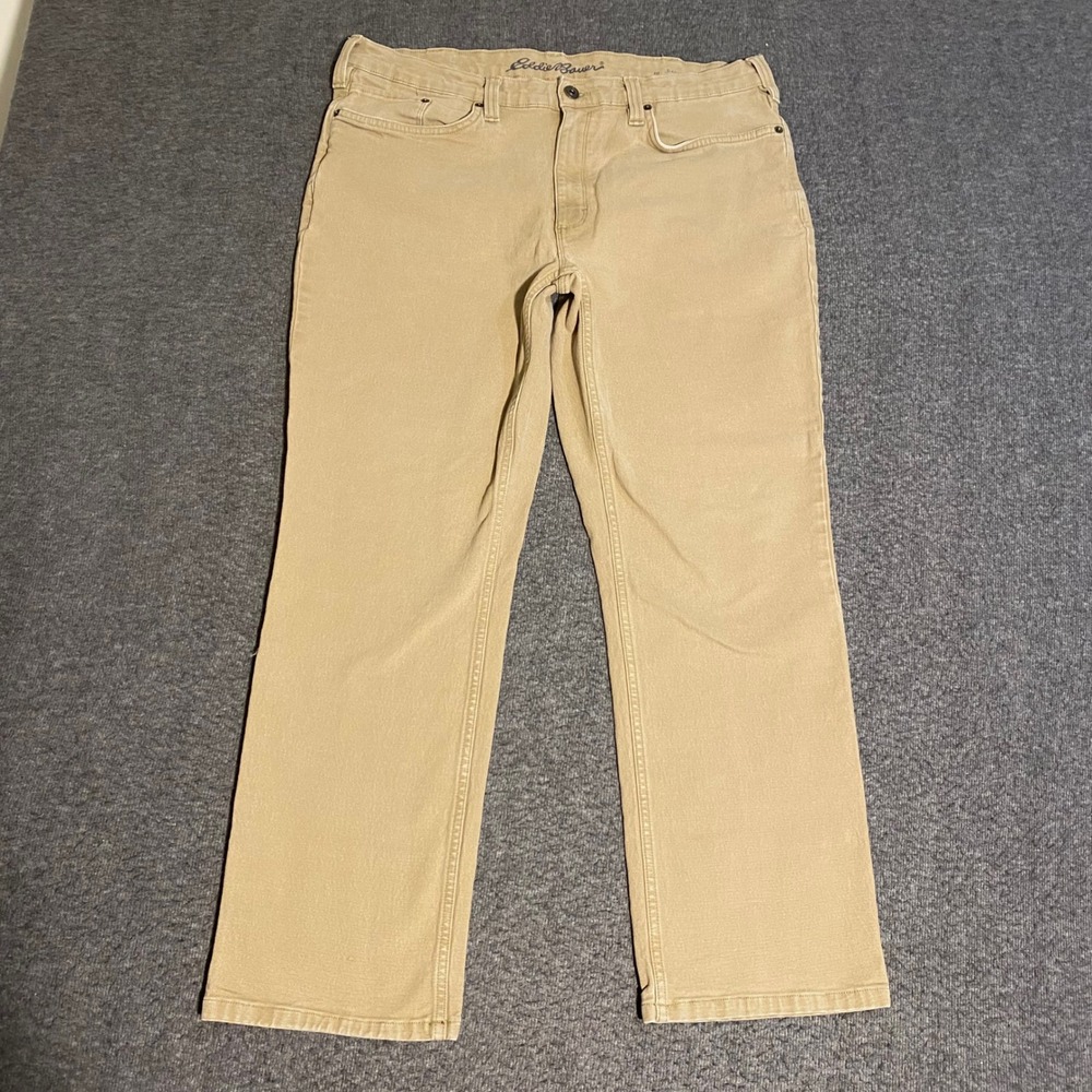 Eddie Bauer Mens 36x28 Straight Fit Pants Khaki Tan Cotton Stretch Work D335302